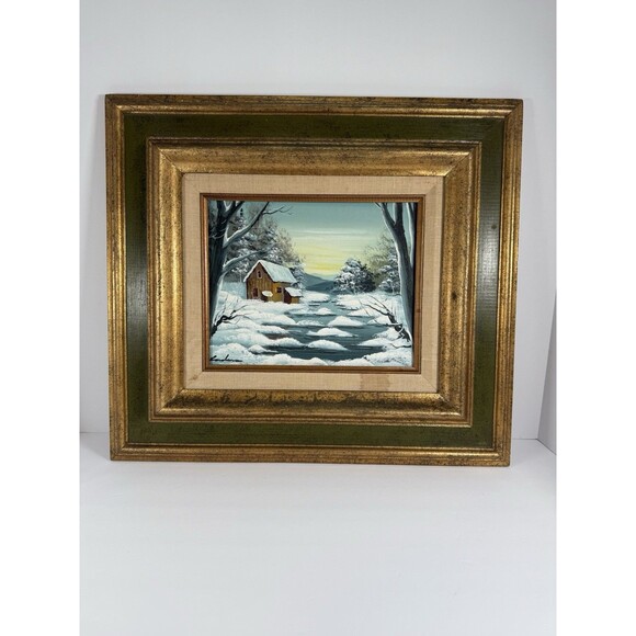 Original Oil Painting Of Winter Scene Cottage In Snowy Forest Framed 16”x 18 VTG - Picture 1 of 6